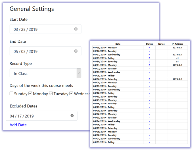 Image of the course settings and attendance record.